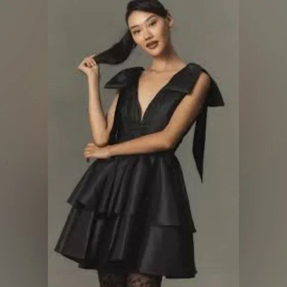 Black Oversized Bow Deep V Ruffle Mini Dress - Picture 8 of 9